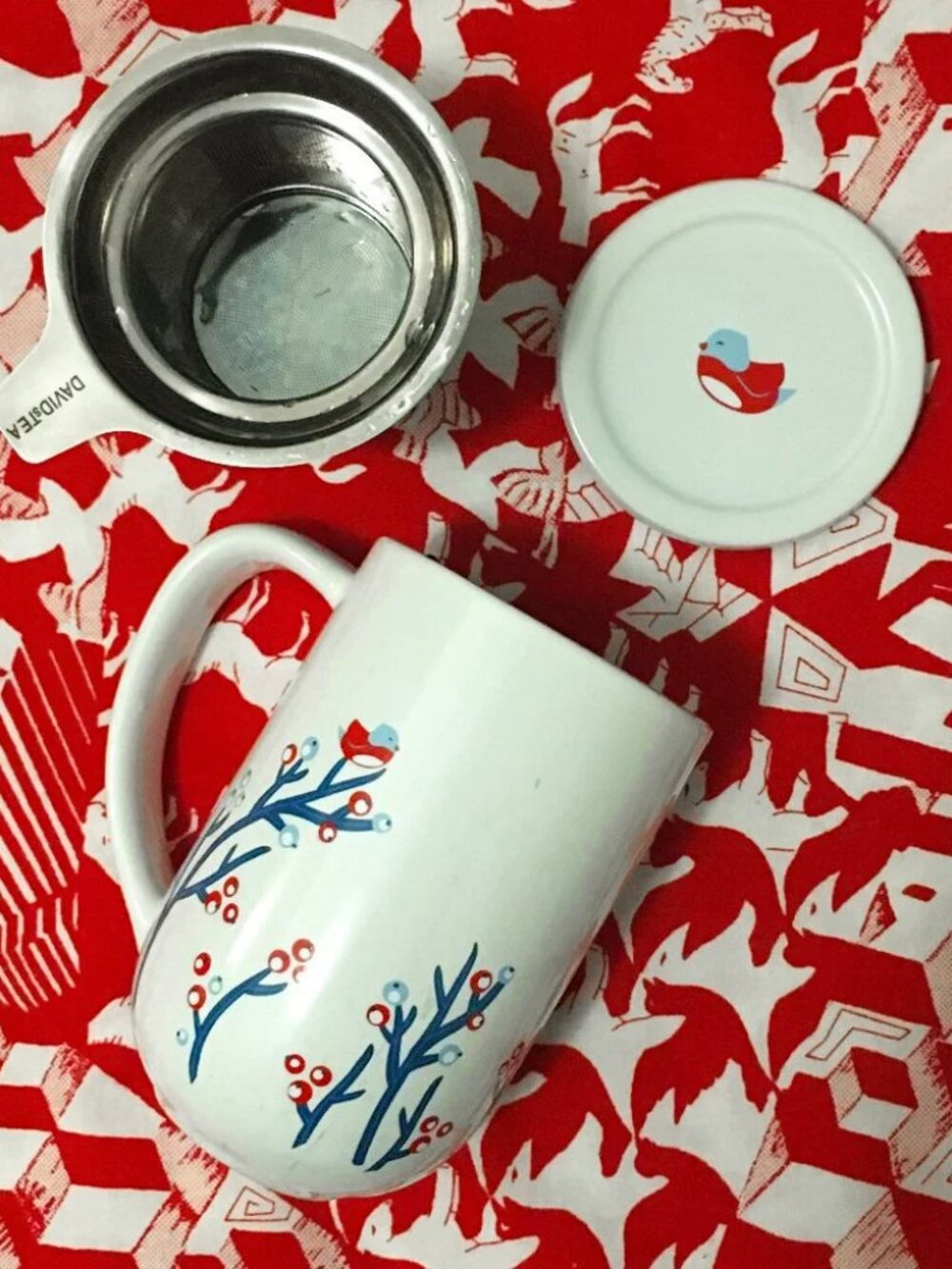 David's Tea Retired White Berries Bird Nordic Mug with Infuser and Lid 2014